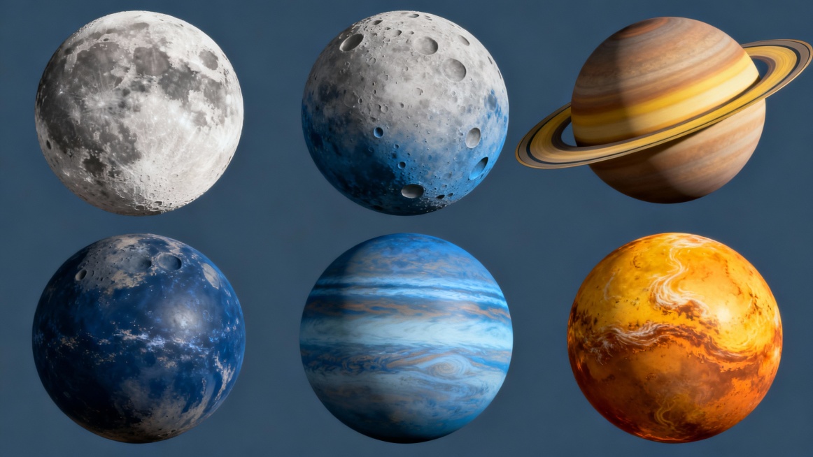 5个高度写实的星球在纯色背景上以规整网格排布的系列集合，每个星球保持与原图一致的3D质感、细腻表面纹理和光影效果但具有不同色调：月球为灰白陨石坑表面，水星表面偏蓝与月球颜色接近也有较少的坑表面，土星拥预览效果