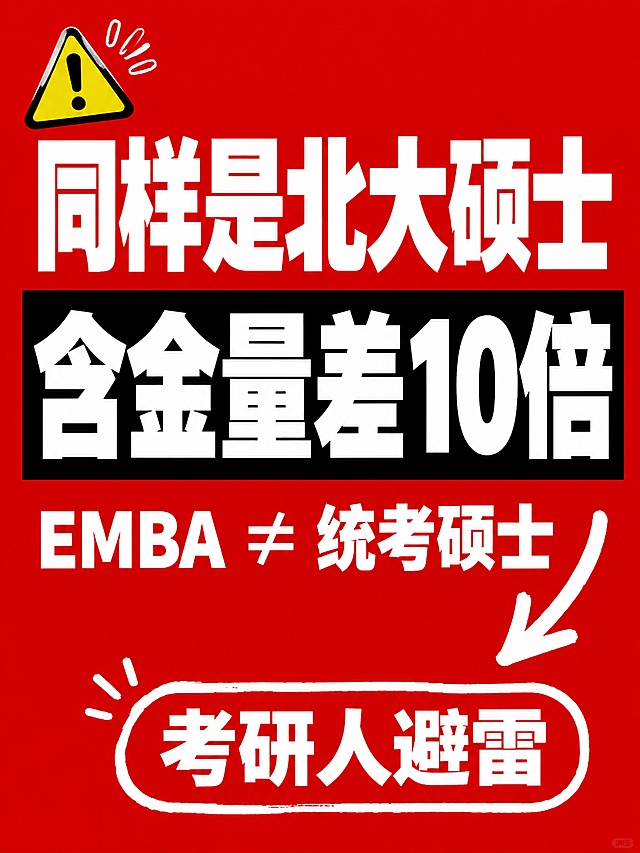 小红书笔记大字封面，纯大字，高饱和撞色警示风，版式精美，小红书笔记封面质感，适合信息流点击。主标题必须完整呈现且为画面视觉中心，分两行排列，逐字锁定：第一行「同样是北大硕士」，第二行「含金量差10倍」。主标题字号占画面约55%视觉权重，清晰可读，不得增删改字。副标题：「EMBA ≠ 统考硕士」。底部标签：「考研人避雷」。背景：高饱和正红色纯色警示底，非黄底。标题排版：采用纯大字P02高饱和撞色策略，白字扁平超粗黑体/sans（非3D立体、非金属渲染），第二行「含金量差10倍」可加黑色矩形色块底增强对比冲击力。装饰：左上角1个警示三角⚠️ emoji小贴纸；右下角1个手绘粗箭头指向底部标签；禁止底部横排多个emoji。整体氛围：考研避坑、醒目警示、信息差揭秘感。画质：高清细腻，红底白字强对比，信息层级清晰，文字完整处于安全区内不可裁切，四周留安全边距。画面比例3:4，4K。