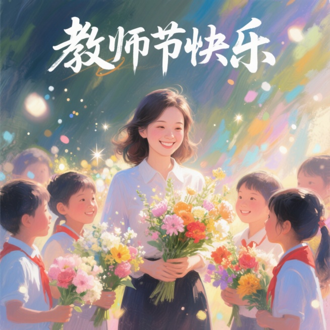 画面中心是一位漂亮的女教师，面带温柔的微笑，被一群充满活力的学生围绕着，学生们手中捧着各色鲜花，背景有梦幻般的光影效果，色彩艳丽明亮，画面上方有中文“教师节快乐”的艺术字预览效果