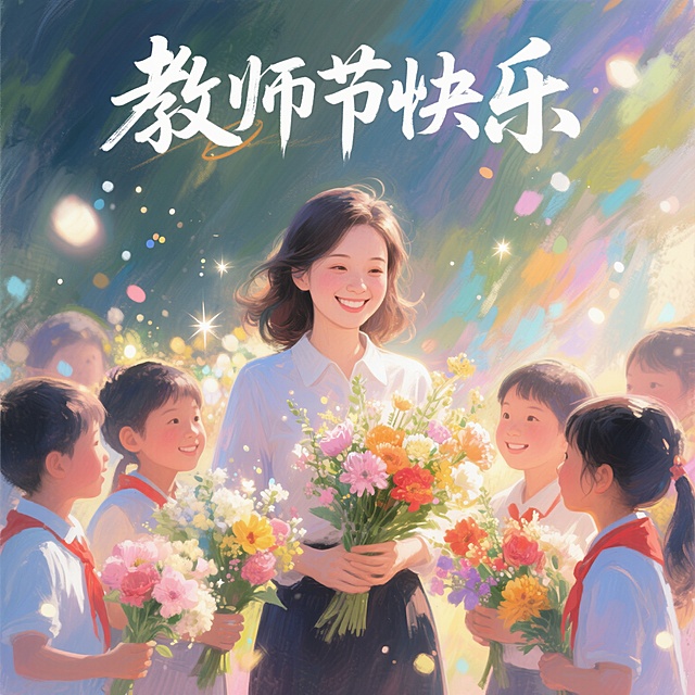 教师节KV，鲜花，微笑，艳丽的色彩，梦幻般的光影，被一群学生围绕的漂亮女教师，中文的“教师节快乐”#谢师恩·致匠心