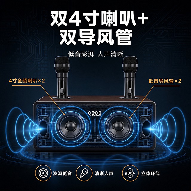 [主图-3] 产品证据/声学结构，展示双喇叭+双导风管的真实结构，证明音质实力。
[统一基调] 风格=国内数码家电专业品质风，科技感+温馨家居结合；标题字=思源黑体粗体厚重；正文字=思源黑体常规清晰；主色=深棕木纹+黑色；背景延展=深炭灰+深蓝黑科技渐变背景，电路板纹理暗层；强调色=科技蓝+暖橙色，用于声波引线高亮；标题色=白色；正文色=浅灰；组件=细线引线标注、发光声波、半透明剖视层；光影=产品正面主光，内部结构发光效果。
[画面] 使用【图3】闻歌N-S10S家庭KTV音响正面图；保留产品原貌；产品正面位于画面中央，网罩区域做半透明剖视效果，展示内部两个4寸喇叭单元和两侧导风管；蓝色声波波纹从喇叭向四周扩散；背景为深色科技感，带细腻电路纹理暗纹。
[光影质感] 科技商业摄影质感，产品外壳真实材质，内部剖视层半透明发光，声波光效柔和，整体暗调突出结构。
[配色] 深色科技背景，黑色产品，蓝色声波光效，橙色标注引线，对比强烈。
[文字版式] 顶部主标题"双4寸喇叭+双导风管"（白色粗体大字，分两行）；副标题"低音澎湃 人声清晰"（浅灰色小字）；产品两侧用细线引出标注："4寸全频喇叭×2""低音导风管×2"；底部3个小图标+文字横排："澎湃低音""清晰人声""立体环绕"；所有文字横排。
[输出要求] 比例1:1正方形 2K，文字清晰可读，避免产品变形错字、喇叭数量错误、导风管位置错误、冷蓝刺眼。