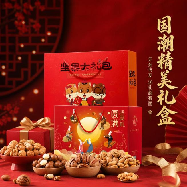 使用电商主图技能生成5张比例1:1的电商主图，适配平台为淘宝/天猫，商品为「图片1」「图片1」，商品卖点为卖点1甄选多款爆款零食，一口不踩雷 卖点2独立小袋锁鲜，干净便携不易潮 卖点3饱满坚果低温烘制预览效果
