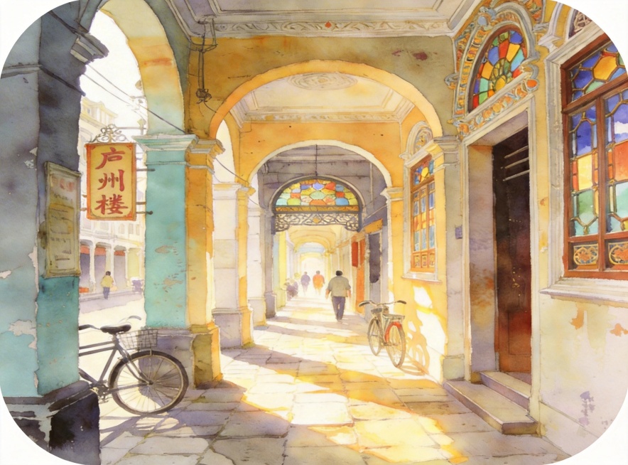 将这张广州骑楼街水彩画的四个角修改为圆角，保持画面所有内容、水彩风格和尺寸比例完全不变预览效果