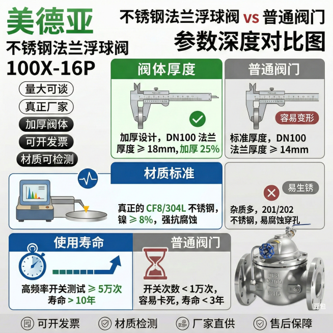 基于现有不锈钢法兰浮球阀主图，生成参数对比图，将这款100X-16P型号阀门与普通阀门在阀体厚度、材质标准、使用寿命上做清晰对比，用直观的数据和图标呈现，品牌层保持一致，视觉平实重逻辑，消除用户选购顾预览效果