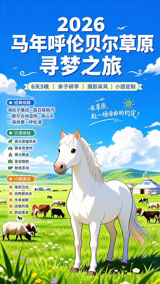 在原图基础上增加更多旅游路线文字说明，提升画面整体色彩饱和度，让画面更鲜明清晰，保留2026马年呼伦贝尔草原寻梦之旅主题，保留白色骏马、广阔草原、牛羊、蒙古包、蓝天白云的卡通插画风格