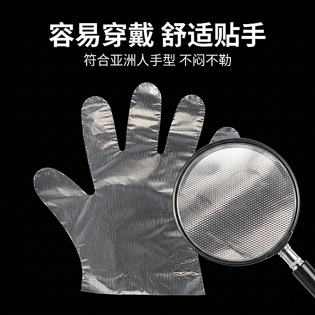 [主图 3] 材质细节展示一次性PE手套。
[氛围风格] 细节特写品质风。
[画质] 商业摄影质感、光线柔和通透、产品清晰真实、画面干净高级。保持一次性PE手套外观（透明压纹、手型剪裁）与输入产品图绝对一致，杜绝任何变形和色差，精细化处理。
[元素] 铺开一只一次性PE手套展示整体手型和表面压纹，右侧圆形放大镜放大局部压纹细节，纯黑色背景干净突出产品。商品主体占比70%，画面满屏无边框。
[光影] 侧光突出压纹纹理细节，对比清晰，纹理明可见，整体干净通透。
[配色] 黑色背景，白色标题对比清晰，突出产品本身。
[视角构图] 特写平视构图，焦点在压纹细节，整体清晰。
[文字版式] 顶部白色大字“容易穿戴 舒适贴手”，副标题“符合亚洲人手型 不闷不勒”，文字不遮挡主体细节。
[比例分辨率] 1:1 比例，2k 分辨率；文字清晰锐利，超高清。
[负向提示词] 变形，水印，文字错乱，产品图模糊，背景杂乱，遮挡主体。