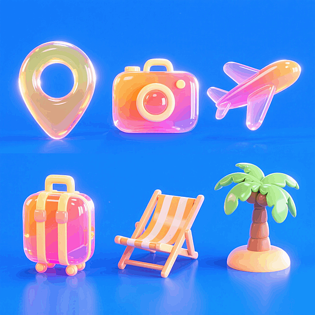 6个Q版图标（元素独立区域）：定位图标、旅行箱、相机、沙滩椅、椰子树、飞机，撞色，蓝色背景，上下两行对齐排列