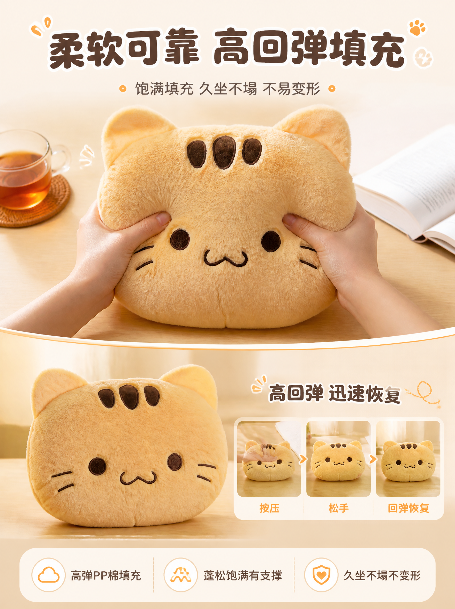 [商品] 使用【图1】黄猫头抱枕；保留暖黄色毛绒材质、头顶三道… - 图片创意预览