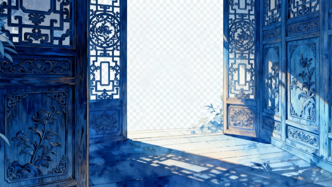 古风门框，远景，蓝色，png，16:9，生成2张预览效果