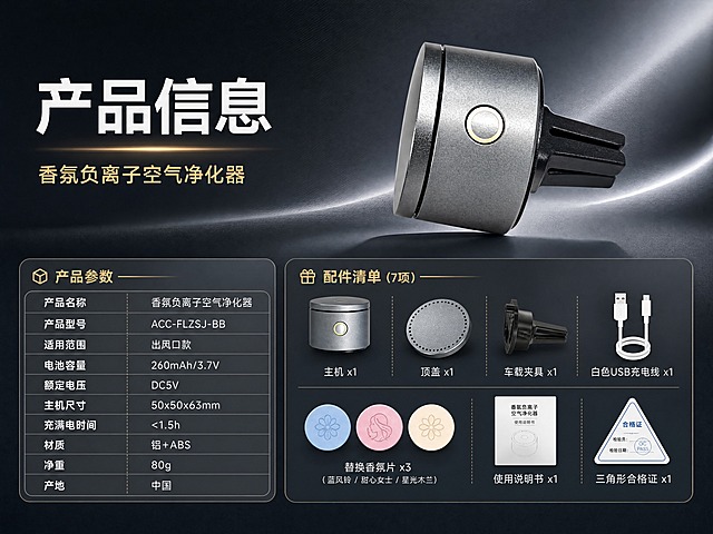 [商品] 使用【图2】香氛负离子空气净化器完整成品图（带金色圆环按钮、黑色出风口夹具的整机）；保留圆柱形金属灰机身、金色圆环按钮、黑色夹具、整体比例和磨砂金属质感。
[画面] 目标：产品信息页（最后一张），左文右图布局，标题在左，产品图偏中右。构图：上半部分左文右图（左侧标题文字，右侧产品图），下半部分左右分栏（左参数表、右配件清单）。产品占画面约35%，位于中右方。景别：产品中景+参数表格。阅读动线：从左上标题到右侧产品，再向下看参数和配件。前中后景：产品悬浮于中右方，有投影层次，背景深色渐变带光带。场景：深色科技感背景，简洁干净。
[视觉] 套系策略：风格=轻奢科技感商业摄影；标题字=现代无衬线粗黑体；正文字=简洁无衬线体；主色=金属灰/深空灰；背景延展=基于金属灰做深浅层级、同色渐变和细腻磨砂金属质感；强调色=香槟金，仅用于小面积标题装饰、表格分隔线和标签；标题色=白色/浅金色；正文色=浅灰/银灰色；组件=圆角参数表格、细线分隔、配件图标；光影=左前侧柔光，产品金属表面有清晰高光。
[文字] 左上主标题："产品信息"（大字），副标题："香氛负离子空气净化器"（小字在主标题下方）。下方左侧参数表：产品名称：香氛负离子空气净化器；产品型号：ACC-FLZSJ-BB；适用范围：出风口款；电池容量：260mAh/3.7V；额定电压：DC5V；主机尺寸：50x50x63mm；充满电时间：<1.5h；材质：铝+ABS；净重：80g；产地：中国。下方右侧配件清单（7项）：主机x1、顶盖x1、车载夹具x1、白色USB充电线x1、替换香氛片x3（蓝风铃/甜心女士/星光木兰）、使用说明书x1（白底）、三角形合格证x1。
[规格] 图片比例4:3横版，分辨率4K，质量high。避免变形、错字、文字过小、标题居中、产品居中、参数错误、配件遗漏、充电线画成黑色、合格证画成方形、说明书不是白底。