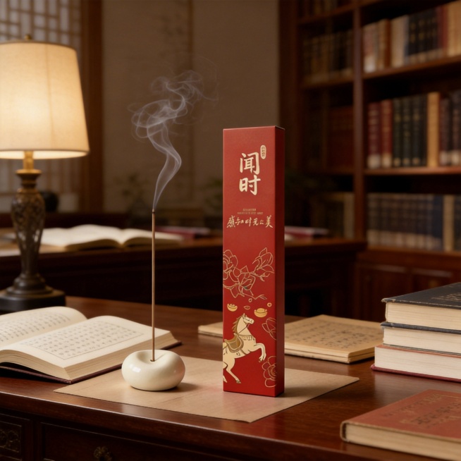 闻时马上有钱好运香，放置在充满书香气息的书房书桌，旁边有古籍、台灯，香烟缭绕，营造静谧雅致的阅读氛围，适合KOL朋友圈、小红书发布预览效果