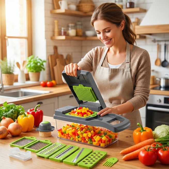 根据提供的图片生成5张符合ozon平台的爆款电商主图，画面温馨，有厨房 有家庭主妇。预览效果