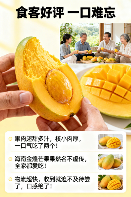 海南金煌芒果电商详情页，用户实拍好评展示，标题"食客好评 一口难忘"，搭配真实食用场景图，干净简洁排版，增强信任感符合电商设计预览效果