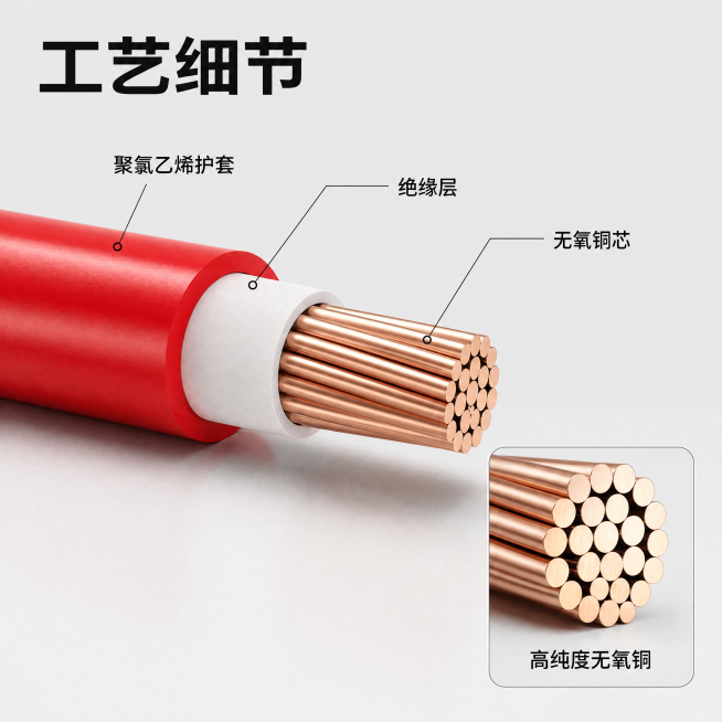 [主图-3] 电缆结构工艺细节图
[氛围风格] 专业拆解展示，清晰直观可信
[画质] 商业摄影质感、光线柔和通透、产品清晰真实、画面干净高级
[元素] 保持红色南洋牌BVV电缆外观、物理结构、材质质感预览效果