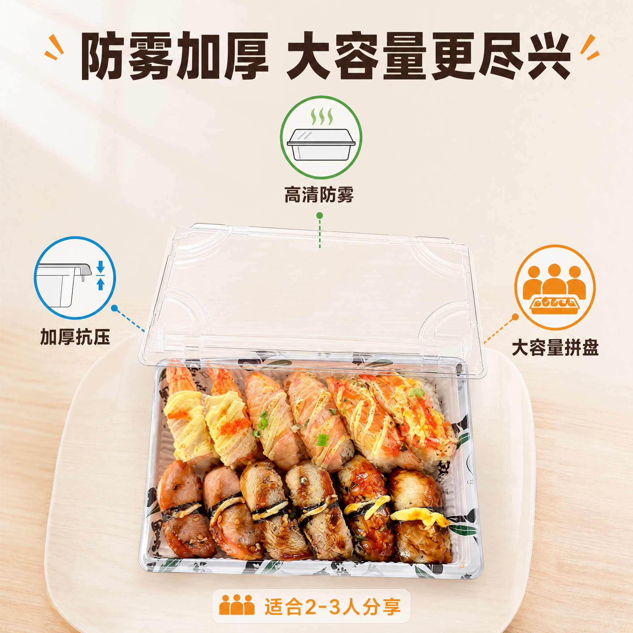 [主图-2] 大号寿司拼盘盒核心卖点图，重点展示防雾+加厚+大… - 图片创意预览