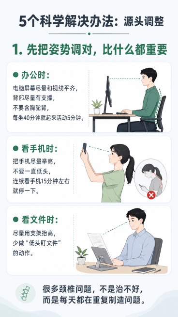第1页｜封面
颈椎病不要再乱按摩
4个误区越做越严重
副标题：上班族必看｜5个科学护颈方法

第2页｜情绪共鸣页
你是不是也这样？

坐久了脖子像“卡住”一样
转头会咔咔响
低头看手机一会儿就酸胀
按预览效果