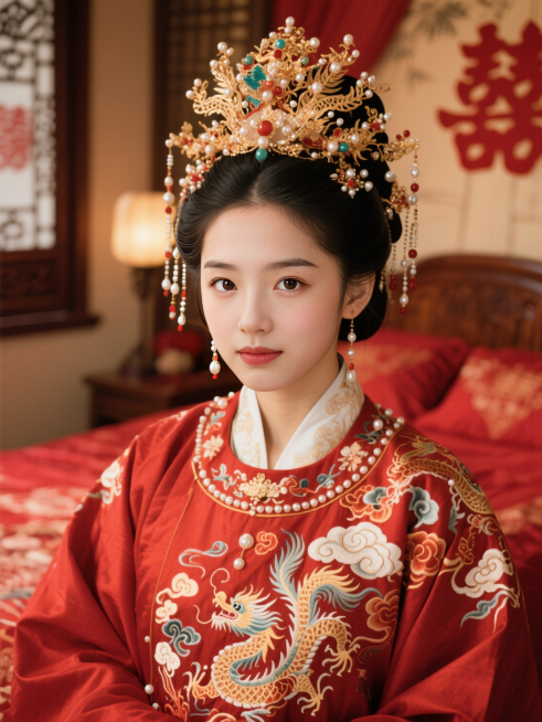 特写镜头，穿着唐代红色喜服少女，红色喜服绣有祥云、龙凤纹样，缀珠玉，头戴凤冠，尽显华丽，中式婚房。预览效果
