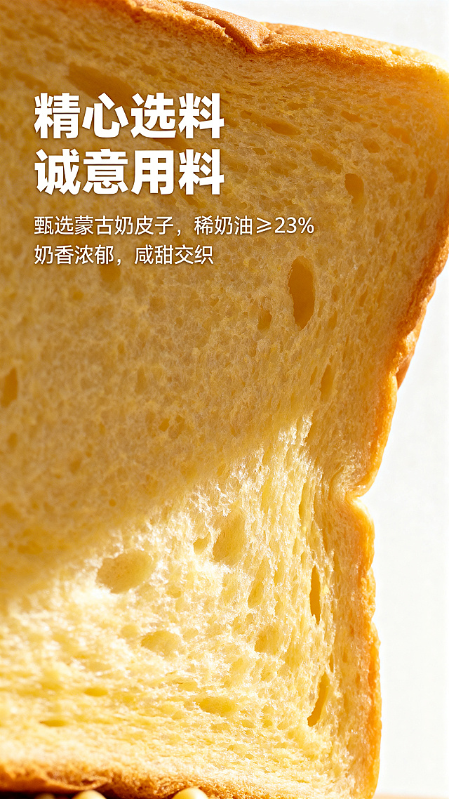 商品详情页，大标题"精心选料 诚意用料"，文案"甄选蒙古奶皮子，稀奶油≥23%"，"奶香浓郁，咸甜交织"，展示面包的原料特写，暖色调干净简约电商设计风格，文字排版参考后四张参考图的样式