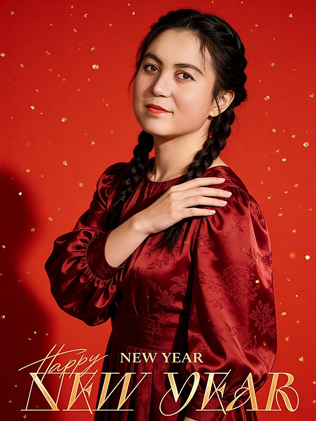 参考第一张图生成｢新年主题轻奢复古风人像写真:中近景(取景范围覆盖人物头部至臀部以上区域),人物占画面65%;三分构图,参考第二张图:画面底部居中的位置叠加金色艺术字“Happy+NEWYEAR”组合文字;与身体重心偏左侧;平拍微微仰视视角,镜头高度微微低于与人物眼部;左右和上部分留少量空间;头部与画面顶部保留10%空间;头部发型完整,头肩比例协调;人物主体:冷白皮,眼神温柔直视镜头,嘴角微微上扬,气质优雅知性温暖;气质柔美温婉;妆容为暖调氛围感妆,清透光泽底妆,大地色晕染眼妆+细眼线,橘红色哑光唇釉;着装:猪肝红色暗纹提花缎面宽圆领灯笼袖长裙(微微光泽感缎面材质,垂坠感强);动作优雅站姿;姿态端庄优雅,身体微向左侧转动(15度),左手轻搭在左肩上,手指自然舒展;光影与色彩:侧前方45°柔光主光,右侧微微反光补光,3200K暖光,光线柔和,面部形成自然明暗过渡;主色调为高饱和正红色,搭配暖肤色及缎面哑面微微光泽橙红色,色彩对比鲜明,暖调氛围浓郁;背景与氛围:纯高饱和正红色纯色哑光背景(全景错落飘洒叠加鎏金细颗粒5%),去除人物之外所有饰品和元素;人物左侧带自然投影画质参数:超高清分辨率,中度锐化,无明显噪点,清晰呈现缎面提花纹理及皮肤细腻质感;暖调新年氛围滤镜,增强色彩饱和度与暖光质感,叠加ISO300轻微胶片颗粒感;甜酷滤镜(曝光+3,对比度+12,饱和度+15,暗部加粉调)｡严格按照上述内容生成｡｣