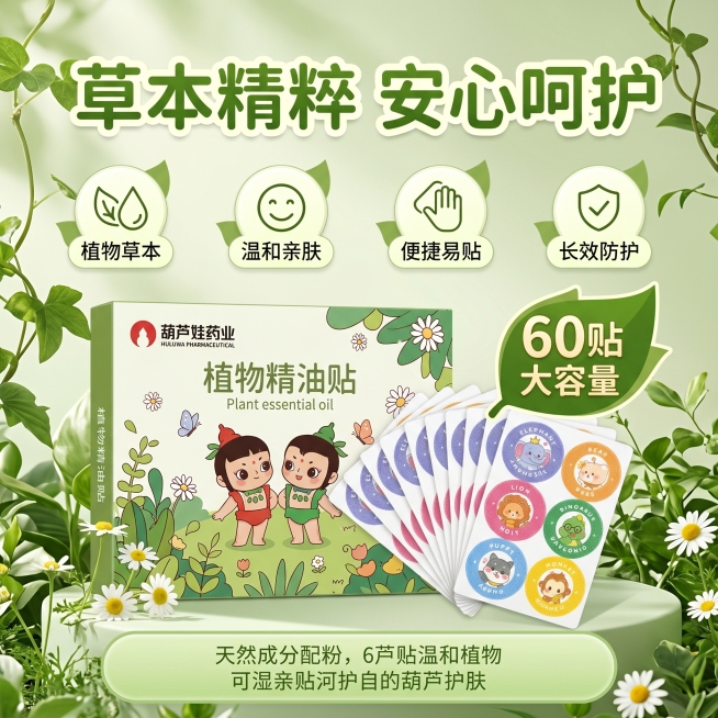 生成拼多多电商主图，商品是葫芦娃药业植物精油贴，参考图提供布局风格，不能和参考图太相似，设计要与众不同，突出植物草本、60贴大容量的卖点，整体风格清新自然，适合母婴品类，比例1:1预览效果