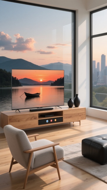 一个现代简约风格的客厅场景，阳光透过巨大的落地窗洒入，木地板泛着温暖的光泽，浅灰色的布艺单人沙发搭配黑色皮质脚凳，原木色的电视柜上放置着一台超薄智能电视，电视屏幕上显示着一个宁静的湖泊日落景色，湖面上有一艘小船，远处是连绵的山峦和橙红色的晚霞，天空中飘着几朵云彩，电视下方的应用图标清晰可见，电视柜上摆放着两个简约的黑色陶瓷花瓶，窗外可以看到城市的远景和山脉轮廓，整体氛围明亮、通透、舒适，具有高……预览效果