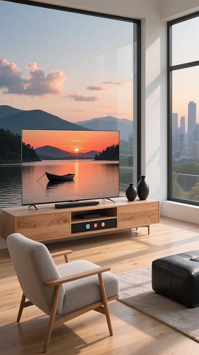 一个现代简约风格的客厅场景，阳光透过巨大的落地窗洒入，木地板泛着温暖的光泽，浅灰色的布艺单人沙发搭配黑色皮质脚凳，原木色的电视柜上放置着一台超薄智能电视，电视屏幕上显示着一个宁静的湖泊日落景色，湖面上有一艘小船，远处是连绵的山峦和橙红色的晚霞，天空中飘着几朵云彩，电视下方的应用图标清晰可见，电视柜上摆放着两个简约的黑色陶瓷花瓶，窗外可以看到城市的远景和山脉轮廓，整体氛围明亮、通透、舒适，具有高度的真实感和细腻的光影表现，光线从画面右侧窗户射入，在地面和家具上形成柔和的阴影和高光，色彩以原木色、灰色、白色为主调，搭配屏幕上日落的暖色调，构成和谐统一的现代家居美感。