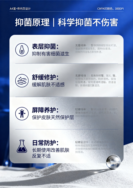 A4尺寸宣传内页，标题"抑菌原理｜科学抑菌不伤害"，内容：- 表层抑菌：抑制有害细菌滋生；- 舒缓修护：缓解肌肤不适感；- 屏障养护：保护皮肤天然保护层；- 日常防护：长期使用改善肌肤反复不适。轻奢蓝预览效果
