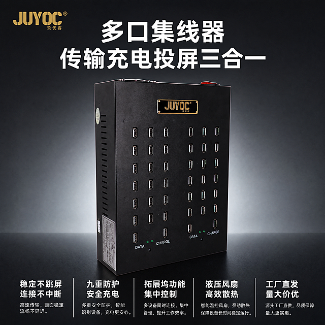 使用电商主图技能生成2张比例1:1的电商主图，适配平台为拼多多，商品为「图片1」，商品卖点为稳定不跳屏，传输充电投屏三合一、九重安全防护、可当拓展坞、集中控制、液压风扇高效散热、顺丰包邮、工厂直发、量大价优、专业售后、一对一教学、包教包会，每张图的卖点不限制，自行选择五个不同卖点提炼，品牌是JUYOC，商品名称是多口集线器