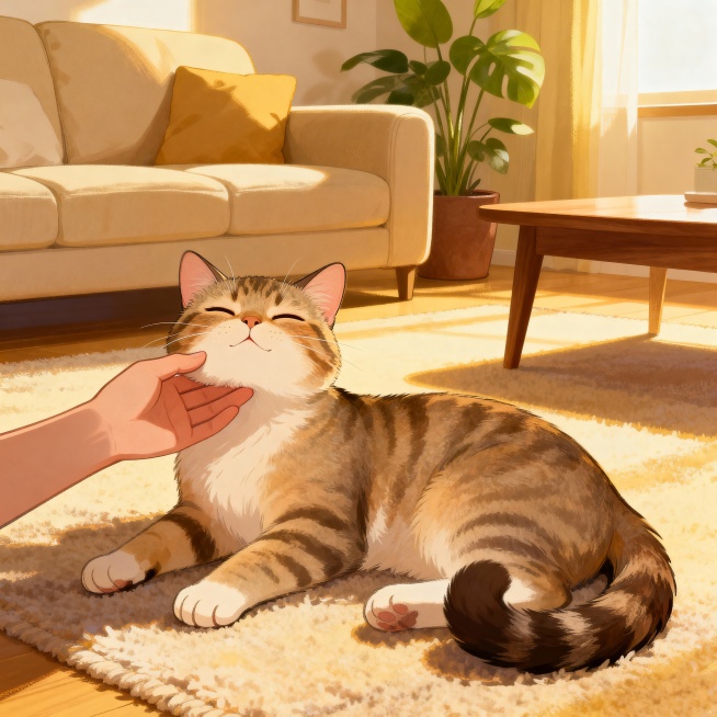 请做一组撸猫的图片：1、下巴按摩；2、耳后抚摸；3、脸颊按摩；4、全身按摩；5、尾巴根部；6、初次接触的图片预览效果