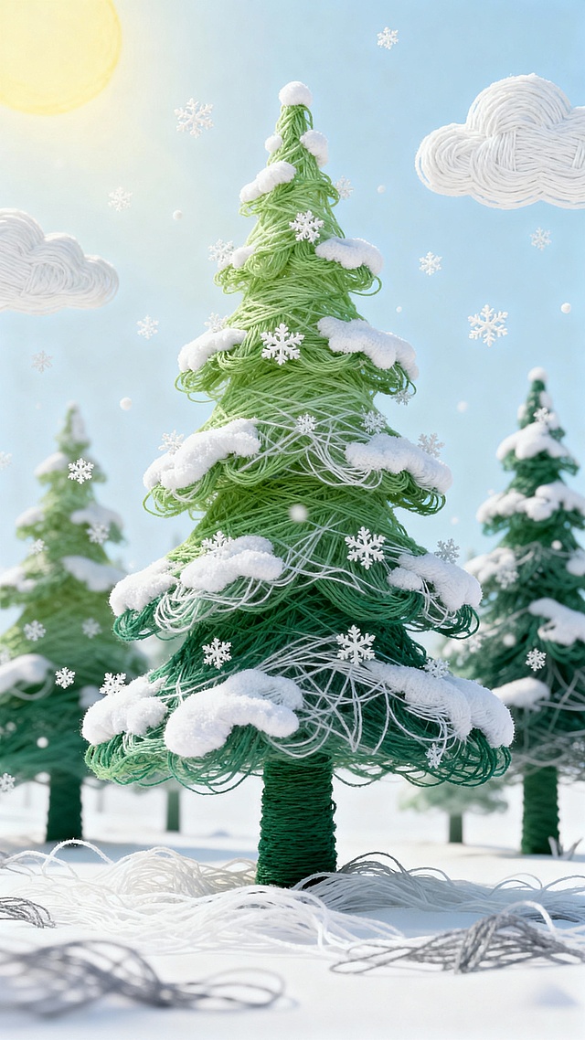 一片宁静的雪林在黎明时分，柔和的阳光透过覆盖着雪的高大松树洒下，细小的雪花缓缓飘落