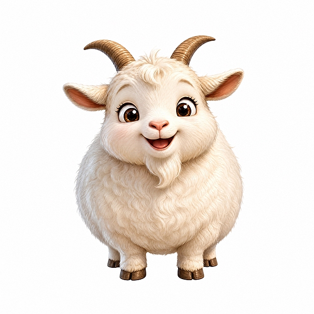 参考图中的写实卡通可爱风格，一只可爱的山羊goat，圆滚滚胖乎乎的造型，大眼睛萌系表情，立体饱和的色彩，3D渲染质感，羊毛细腻有光泽，白色纯色背景，单独一个主体居中，周围留有大量空白方便抠图，写实与卡通结合的风格，不要太写实也不要太卡通，儿童插画风格，高质量细节