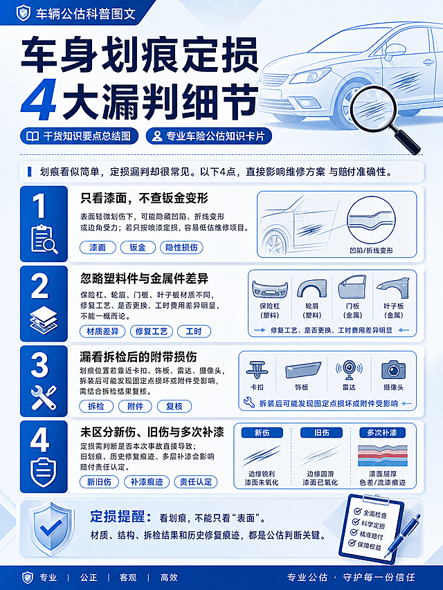 车辆公估科普图文，总结"车身划痕定损4大漏判细节"，干货知识要点总结图，专业车险公估知识卡片，清晰文字列表，蓝色商务简约风格