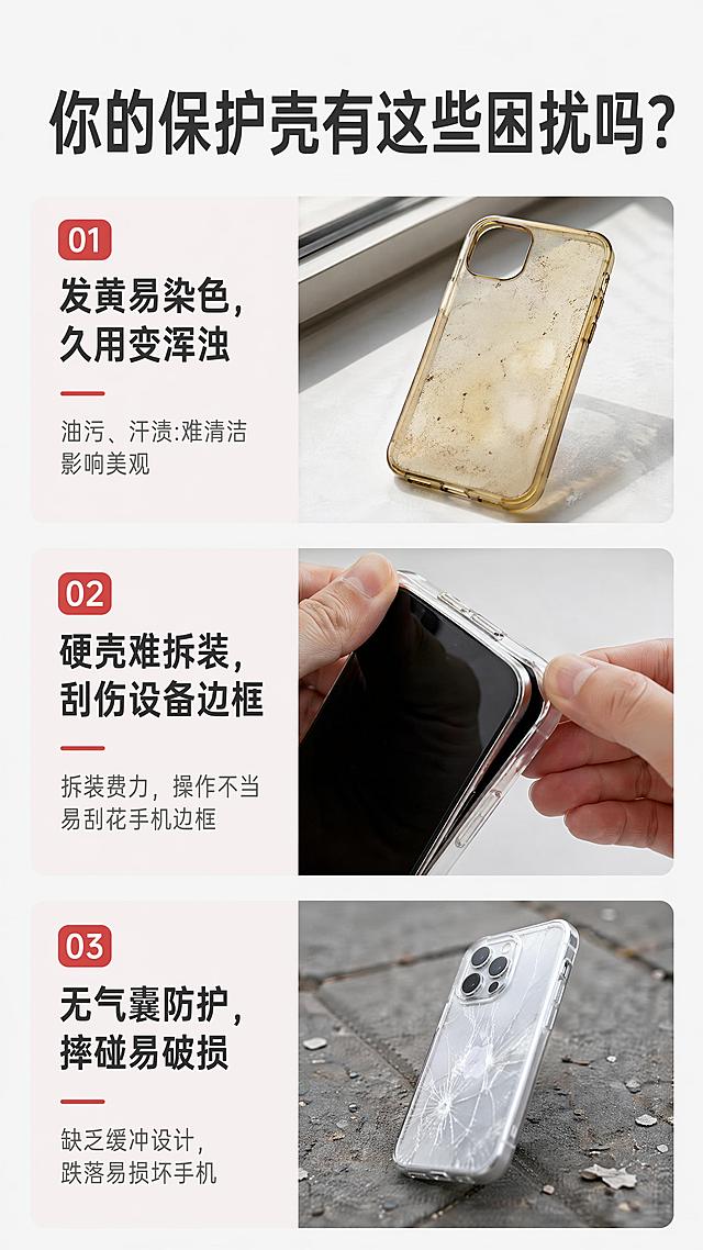 [第2屏] 痛点直击页面，分析普通保护壳的使用困扰。
[氛围/风格] 写实生活化场景，简洁清晰，对比突出痛点。
[元素布局] 页面分三行展示三个痛点：第一行「发黄易染色，久用变浑浊」搭配模糊发黄保护壳场景缩略图；第二行「硬壳难拆装，刮伤设备边框」搭配拆装困难场景缩略图；第三行「无气囊防护，摔碰易破损」搭配手机掉落在地场景缩略图；左文字右配图，信息直观。
[光影质感] 均匀柔和自然光，每个痛点区块对比清晰，文字可读。
[配色色系] 全局底色 #F5F5F5，主文字深灰，痛点提示浅红底，与整套页面风格统一。
[视角构图] 从上到下阅读动线，分块排版层次清晰。
[文字版式] 顶部大标题「你的保护壳有这些困扰吗？」，三个痛点分块展示，标题加粗清晰，痛点文字不遮挡图片；正文清晰可读，避免蚂蚁字。
[比例分辨率] 9:16竖版比例，4K分辨率，文字清晰可辨，高清画质。
[负向提示词] 文字错乱，文字过小，背景杂乱，配色突兀，构图混乱。