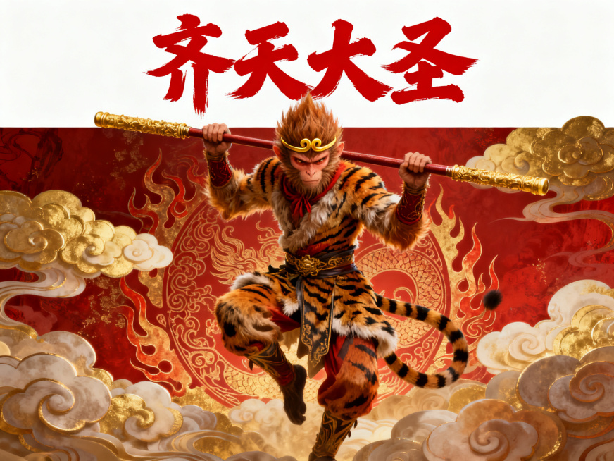 孙悟空主题海报，齐天大圣形象，中国风，4比3横构图，大气冲击力的视觉效果，高清精致预览效果