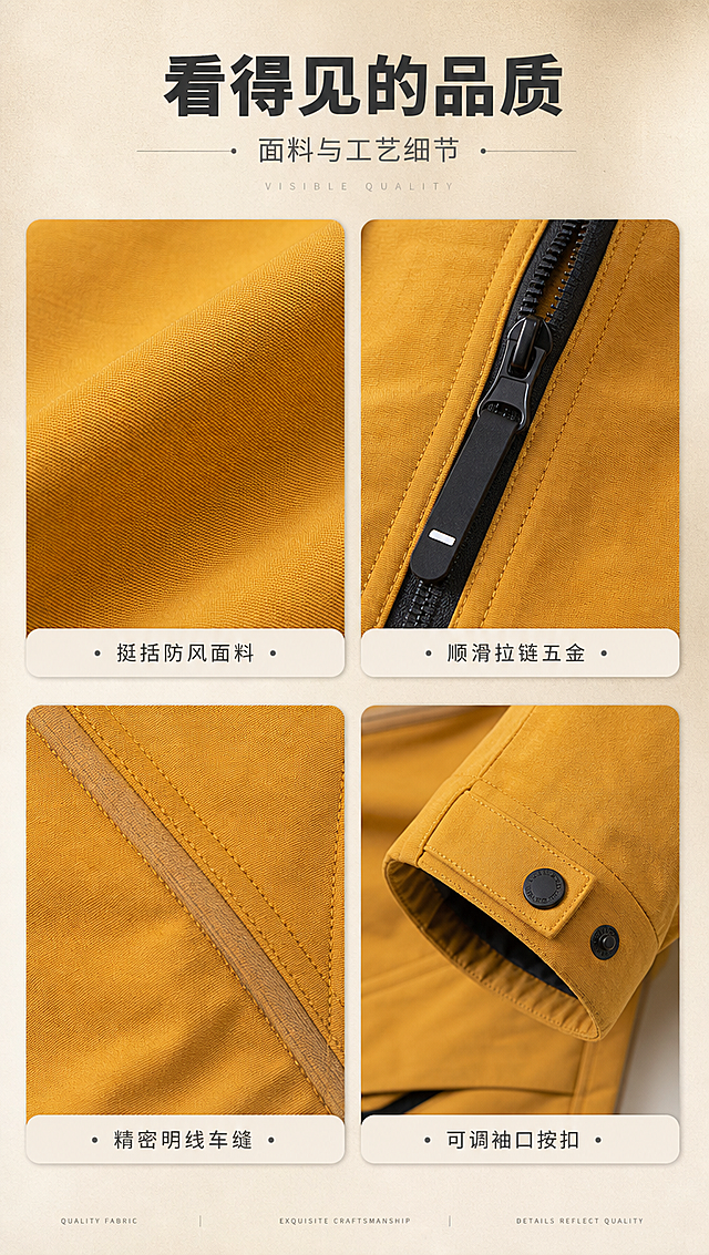 [商品] 使用【图1】姜黄色连帽休闲夹克；商品处理：保留连帽抽绳、按扣门襟、明线剪裁、拉链口袋、松紧下摆、袖口按扣、姜黄色面料和宽松短款版型；自然去除衣身杂乱褶皱，理顺垂坠，增强面料纹理、缝线、拉链和五金质感，不改变版型、颜色和结构。
[画面] 目标：工艺细节页，展示面料与五金品质；构图：2×2宫格布局，4个细节特写均匀分布，顶部放标题；景别：微距特写；四个特写分别为：面料纹理微距、拉链五金细节、明线缝线工艺、袖口按扣细节；背景统一为暖米色浅底，每个细节下方配小标签。
[视觉] 套系策略：风格=轻户外都市高级商业摄影；标题字=现代无衬线粗体（思源黑体Heavy）；正文字=简洁无衬线体（思源黑体Regular）；主色=姜黄暖橘；背景延展=基于暖灰、米杏做深浅层级渐变与细腻水泥墙面质感；强调色=深炭黑，仅用于小面积图标、引线和标签；标题色=深炭灰；正文色=中暖灰；组件=细线引线、圆角浅底信息卡、极简英文装饰；光影=左前侧暖柔光，右侧柔和轮廓光，地面自然投影。
[文字] 顶部主标题「看得见的品质」（6字），副标题「面料与工艺细节」；4个宫格下方分别标注：挺括防风面料、顺滑拉链五金、精密明线车缝、可调袖口按扣；文字横向排版，字号清晰可读。
[规格] 图片比例9:16竖版，4K分辨率，medium质量；避免变形、错字、文字过小、冷蓝背景、衣服颜色改变、版型失真、白底孤立。