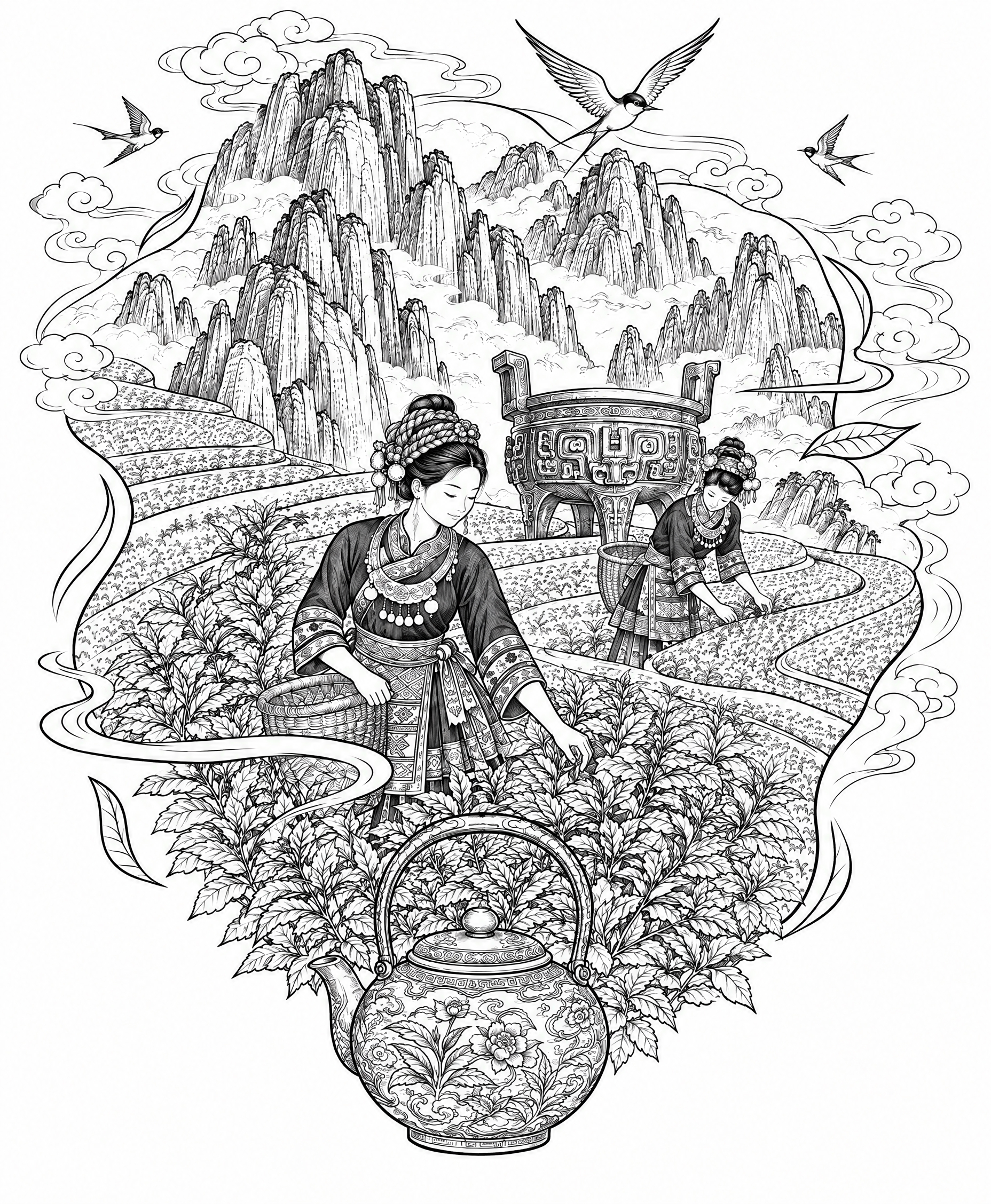 在保持原图黑白线描版画风格、现有构图与主体（畲族女孩、提梁茶壶… - 图片创意预览
