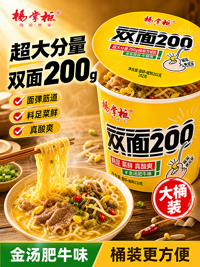 [单张主图] 杨掌柜双面200金汤肥牛味桶装方便面 爆款促销感主图 3:4竖版 突出大分量与食欲感
[参考比对] 参考图1是面条特写配大字文案的食欲感风格，暖黄色调、筷子夹起面条的动态瞬间、底部辅助文案；参考图2是产品包装实物图，黄色桶身配黑色大字、粉黄撞色包装。生成时保留暖黄色调与食欲光影风格，构图与版式全部差异化：不采用参考图1的底部大字居中+面条满版构图，改为左文右品上下分层结构；不采用参考图2的俯视包装陈列，改为45度侧视产品+冲泡后实物组合展示。
[画面主体] 画面右侧主体为杨掌柜双面200黄色桶装方便面，45度侧视角度，桶身标签完整清晰，"双面200"黑色粗体大字、"杨掌柜"红色品牌名、"#金汤肥牛味"绿色标签、净含量信息均与产品图一致，桶盖半掀开露出内部面条与配料，旁边摆放一碗冲泡好的金汤肥牛面，面条根根分明、金黄油亮、挂满汤汁，汤面漂浮着黄豆芽、酸菜、牛肉片等配料，热气腾腾。产品占画面约55%。
[构图版式] 采用左文右品标签参数型爆款版式：左侧约40%区域放置主标题、核心数字和卖点标签；右侧约60%区域放置桶装产品+冲泡好的面碗组合；底部15%区域放置通栏权益信息条。整体竖版3:4比例。
[场景元素] 背景为暖黄色渐变到浅棕色的温馨餐桌氛围，虚化的木质桌面纹理，左上角有柔和的窗光斜射，画面点缀少许葱花、辣椒、黄豆芽等食材散落桌面增加真实感，碗边有一双木筷夹起一绺面条呈现动态拉丝效果，蒸汽从碗中袅袅升起。左上角安全区放置杨掌柜品牌Logo。
[文案版式] 左上角品牌位：杨掌柜。左侧主标题分两行：第一行"超大分量"，第二行"双面200g"，其中"200g"用超大号数字突出。主标题下方3组卖点胶囊标签："面弹筋道"、"料足菜鲜"、"真酸爽"，每组配简约勾选图标。底部通栏信息条左侧写"金汤肥牛味"，右侧写"桶装更方便"。右侧面碗上方加一个圆形红底白字印章式标签："大桶装"。所有文字横排，无竖排。
[光影质感] 自然暖阳逆光为主光，从左上45度照射，面条呈现通透金黄光泽，汤面有油亮反光，桶身包装有自然高光带和曲面反光，底部有柔和接触阴影，蒸汽有半透明光感，整体暖调、高食欲感、商业美食摄影质感、浅景深背景虚化。
[配色字体] 主色调：明黄色、暖橙色、深棕色；辅助色：红色（品牌/强调）、绿色（口味标签）；背景色：暖黄渐变到浅棕。字体：主标题用粗黑体厚重有力，数字最大最粗，辅助文案用中等粗细黑体，标签文字用小号黑体，整体字重对比强烈。
[比例分辨率] 3:4竖版比例，2K分辨率，文字清晰可辨，产品细节锐利。
[负向提示词] 变形、错字、糊字、水印、平台Logo、二维码、主体模糊、悬浮、穿模、背景杂乱、低清晰度、错误包装、颜色偏差、多余手指、畸形手、人物面部、夸张变形的面条、不真实的蒸汽效果。