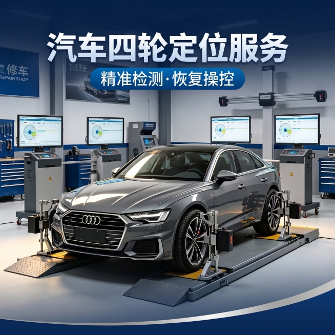 汽车修理厂宣传海报，保留原图内容：灰色奥迪汽车在四轮定位仪器上，四周的检测设备和显示屏，上方文字是"汽车四轮定位服务"和副标题"精准检测·恢复操控"，整体是专业汽修门店广告风格，商用宣传海报设计，色调预览效果