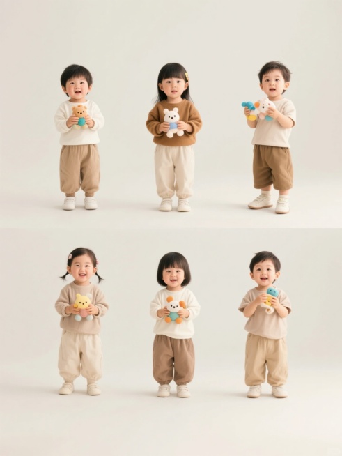一系列6个完全不同造型、不同性别的儿童集合，每个儿童都穿着风格统一的舒适服装，手持不同的可爱玩具，保持高清写实的摄影风格，柔和明亮的光线，自然的色彩，清晰的细节，纯净的纯色背景，所有儿童规整地排布在画面中，展现出天真烂漫、活泼可爱的氛围，适合用于儿童相关的海报或宣传素材设计。预览效果