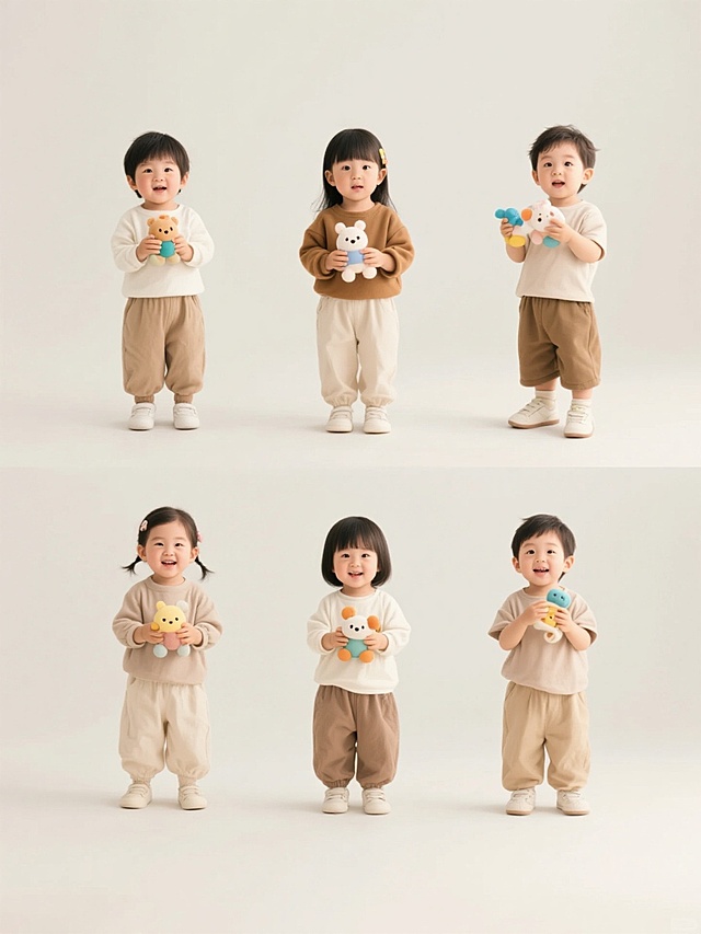 一系列6个完全不同造型、不同性别的儿童集合，每个儿童都穿着风格统一的舒适服装，手持不同的可爱玩具，保持高清写实的摄影风格，柔和明亮的光线，自然的色彩，清晰的细节，纯净的纯色背景，所有儿童规整地排布在画面中，展现出天真烂漫、活泼可爱的氛围，适合用于儿童相关的海报或宣传素材设计。