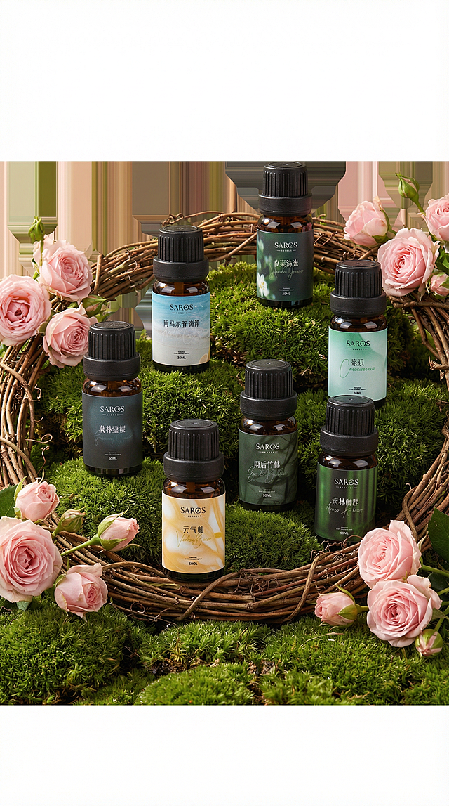 绿植展台方案：绿色苔藓底座搭配藤条缠绕展台，点缀粉色蔷薇，柔和光源打造清新氛围，适合年轻女性受众