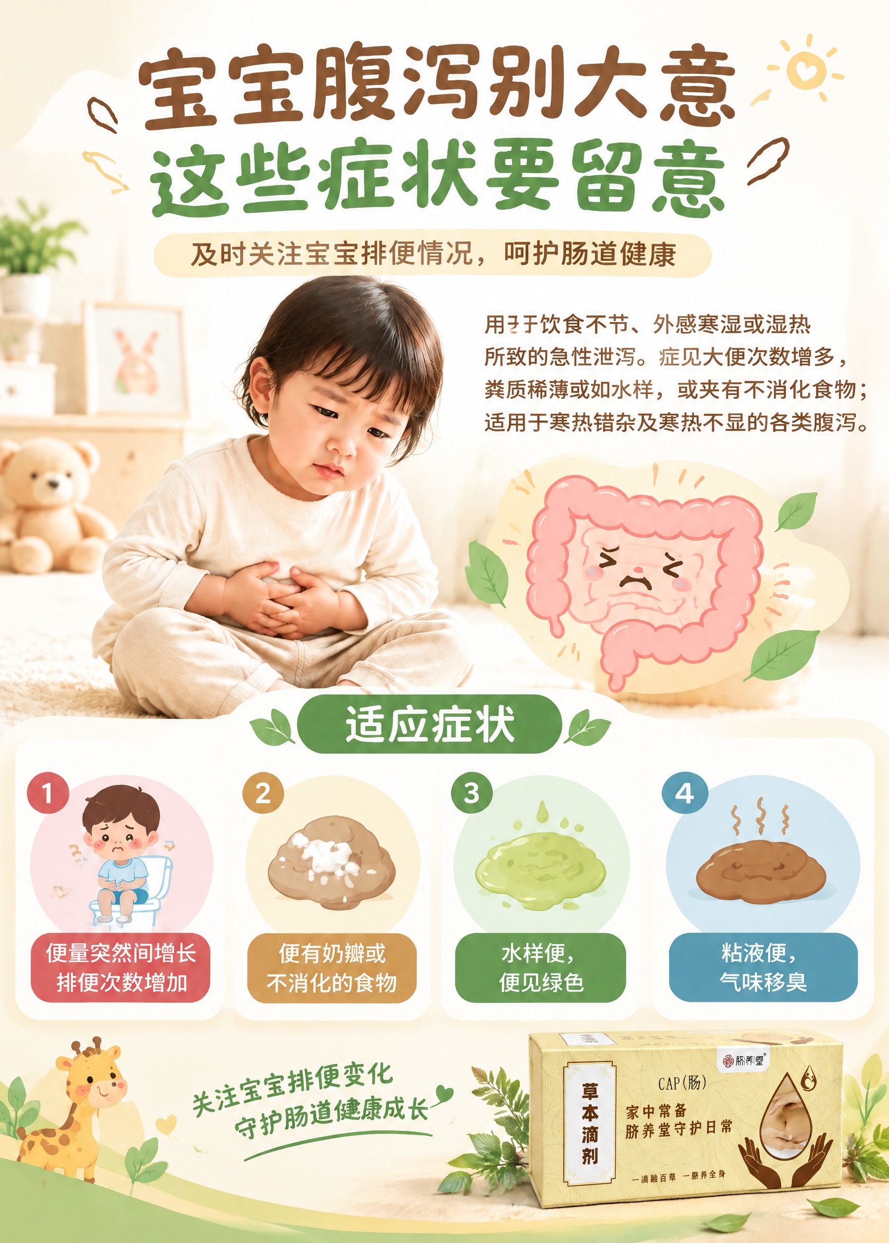 将脐养堂草本滴剂CAP(肠)产品盒子放入宝宝腹泻科普海报中，放… - 图片创意预览