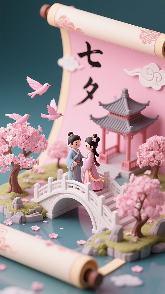 七夕梦幻中式场景，3D微缩粘土风，古典浪漫，桥上佳人相会。