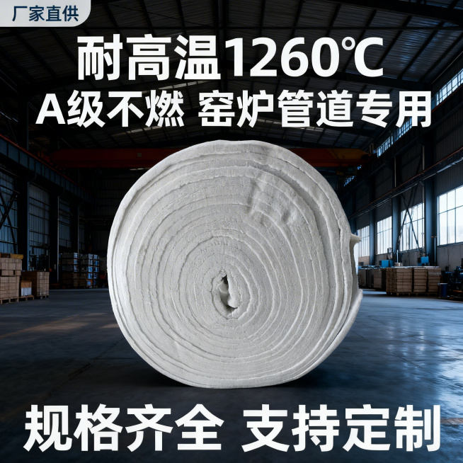 1. 主图1：硅酸铝针刺毯首图，工业专业风格，冷调工业光影，产品完整居中展示，主体占比60%，背景为工业厂房仓储场景，配文案'耐高温1260℃  A级不燃 窑炉管道专用'，左上角放置'厂家直供'标签，预览效果