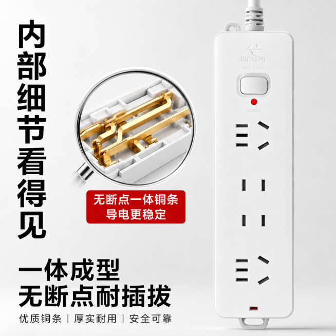 [主图-3] 公牛插排核心材质细节展示。[氛围风格]简约灰白风格，细节清晰品质感。[画质]商业摄影质感、光线柔和通透、产品清晰真实、画面干净高级。[元素]公牛插排整体完整，左侧展示一体铜条剖面结构，用预览效果
