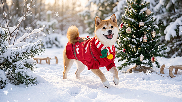 保留原图中狗狗和红色圣诞毛衣的主体特征不变，生成圣诞节场景里狗狗穿着这件圣诞毛衣在户外雪地开心玩耍的图片，超清，细节丰富，真实自然