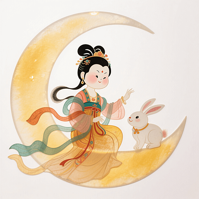 Q版风格：肥胖的嫦娥和白兔坐在月亮上，白色背景，完整展示