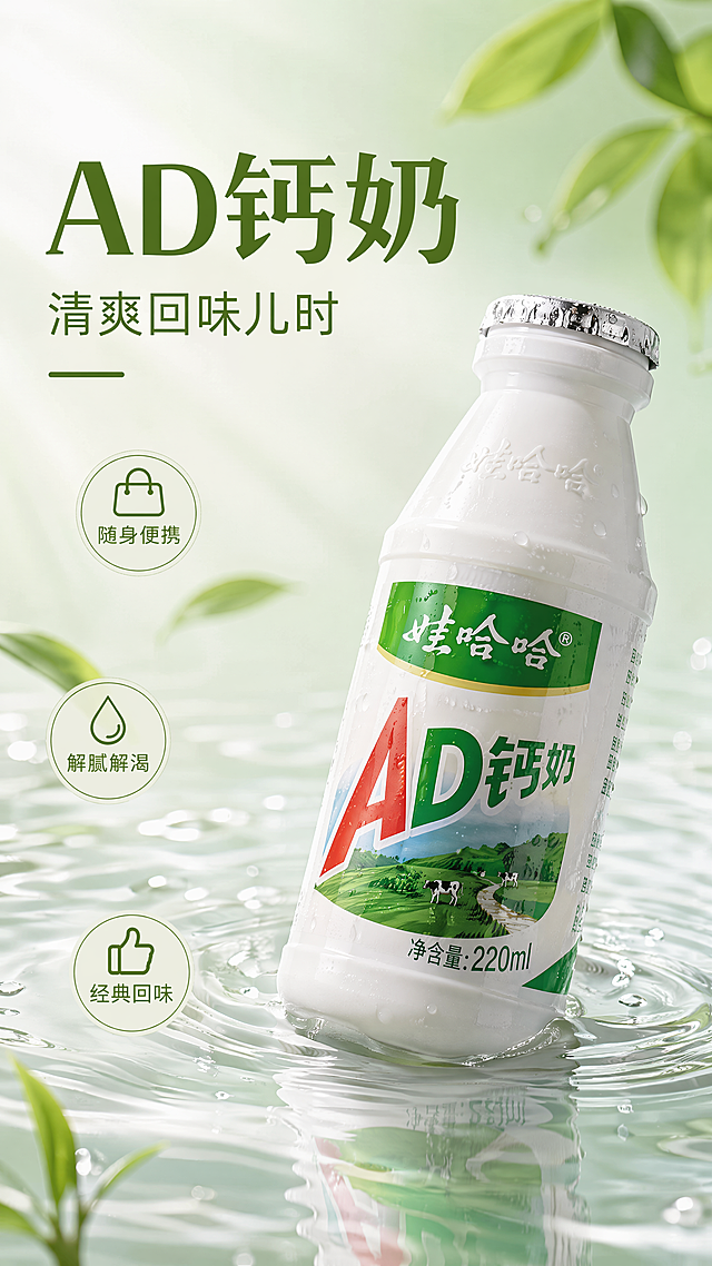 写实商业摄影风格饮品海报，主色调奶白色调搭配淡绿色，AD钙奶瓶装饮品斜放在浅水台，水面带波纹，浅绿渐变背景，主标题文字"AD钙奶"，副标题文字"清爽回味儿时"，卖点标签文字"随身便携""解腻解渴""经典回味"，左侧主标题，右侧产品，卖点分散布局，整体干净简约，清爽通透，4K超高清画质，版式精美，文字清晰不遮挡产品，比例9:16