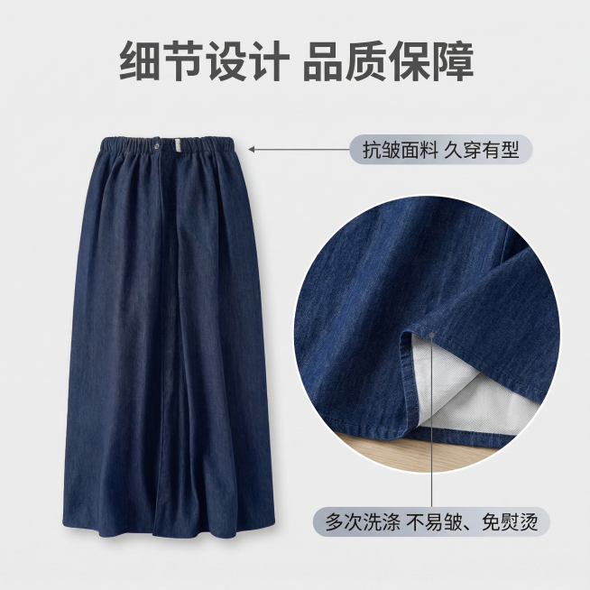 参考上传的牛仔裙电商选项图风格，生成1:1比例的牛仔裙电商选项图，浅灰色背景，包含产品展示与细节标注，内容为牛仔裙抗皱性能测试展示，标注文字说明多次洗涤不易皱、免熨烫好打理，整体风格简约清爽，符合电商预览效果