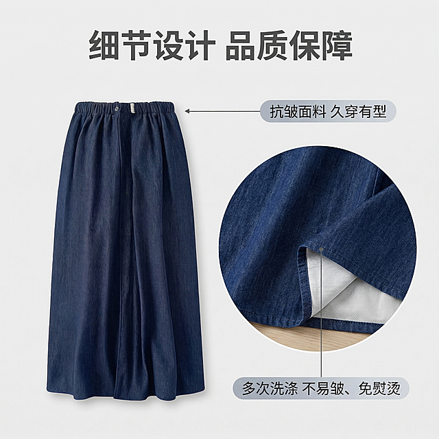 参考上传的牛仔裙电商选项图风格，生成1:1比例的牛仔裙电商选项图，浅灰色背景，包含产品展示与细节标注，内容为牛仔裙抗皱性能测试展示，标注文字说明多次洗涤不易皱、免熨烫好打理，整体风格简约清爽，符合电商选项图规范，和参考图视觉效果一致
